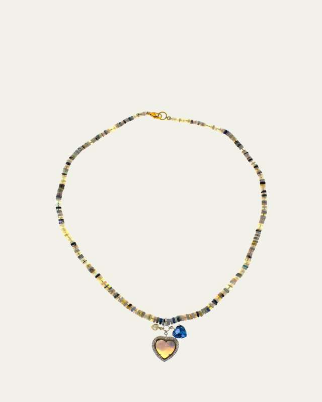 Beaded Opal Necklace with Diamond, Topaz, and Opal Heart-Shaped Charms
